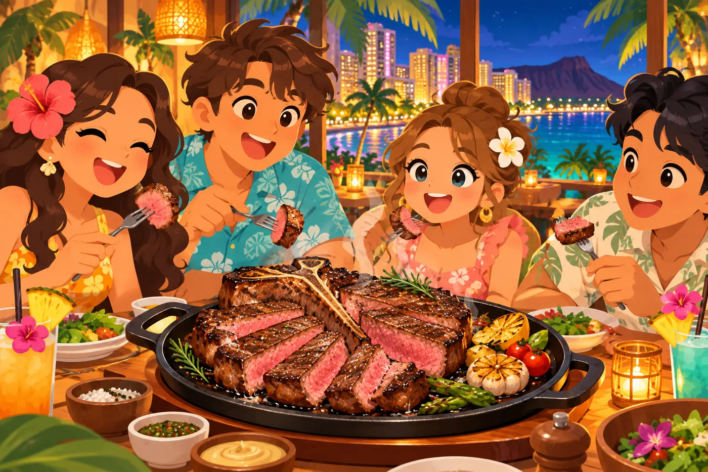 ワイキキの夜景が見えるレストランでステーキを分け合うイラスト