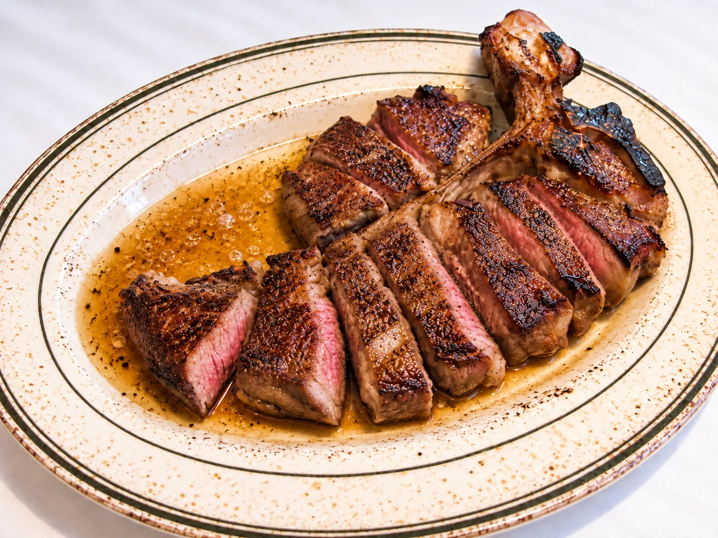 楕円の白いお皿に、骨付きのステーキが骨を外して厚めに切り分けられ、肉汁とともに盛られている