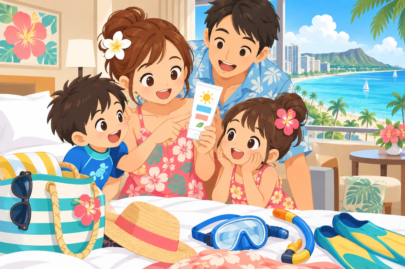 ホテルの部屋で日焼け止めの成分表示を確かめる家族のイラスト