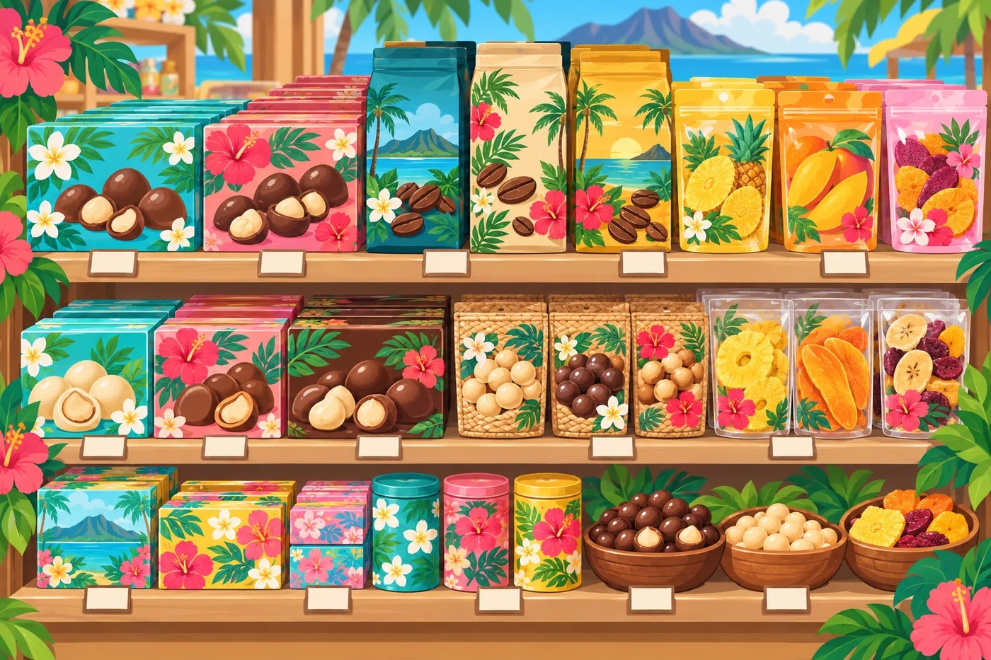 スーパーの棚に並ぶハワイのお菓子やコーヒーのイラスト