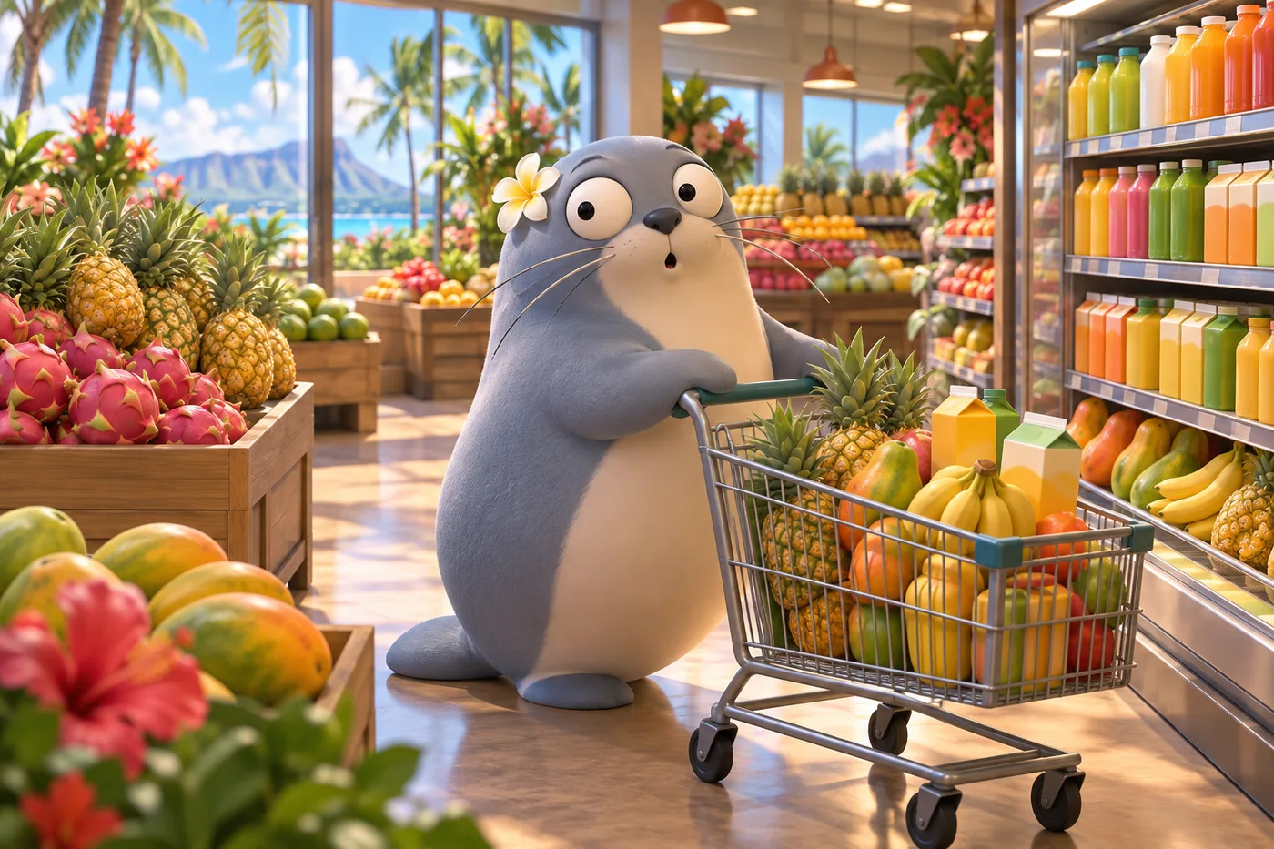ショッピングカートを押してハワイのスーパーで買い物をするもんちゅ