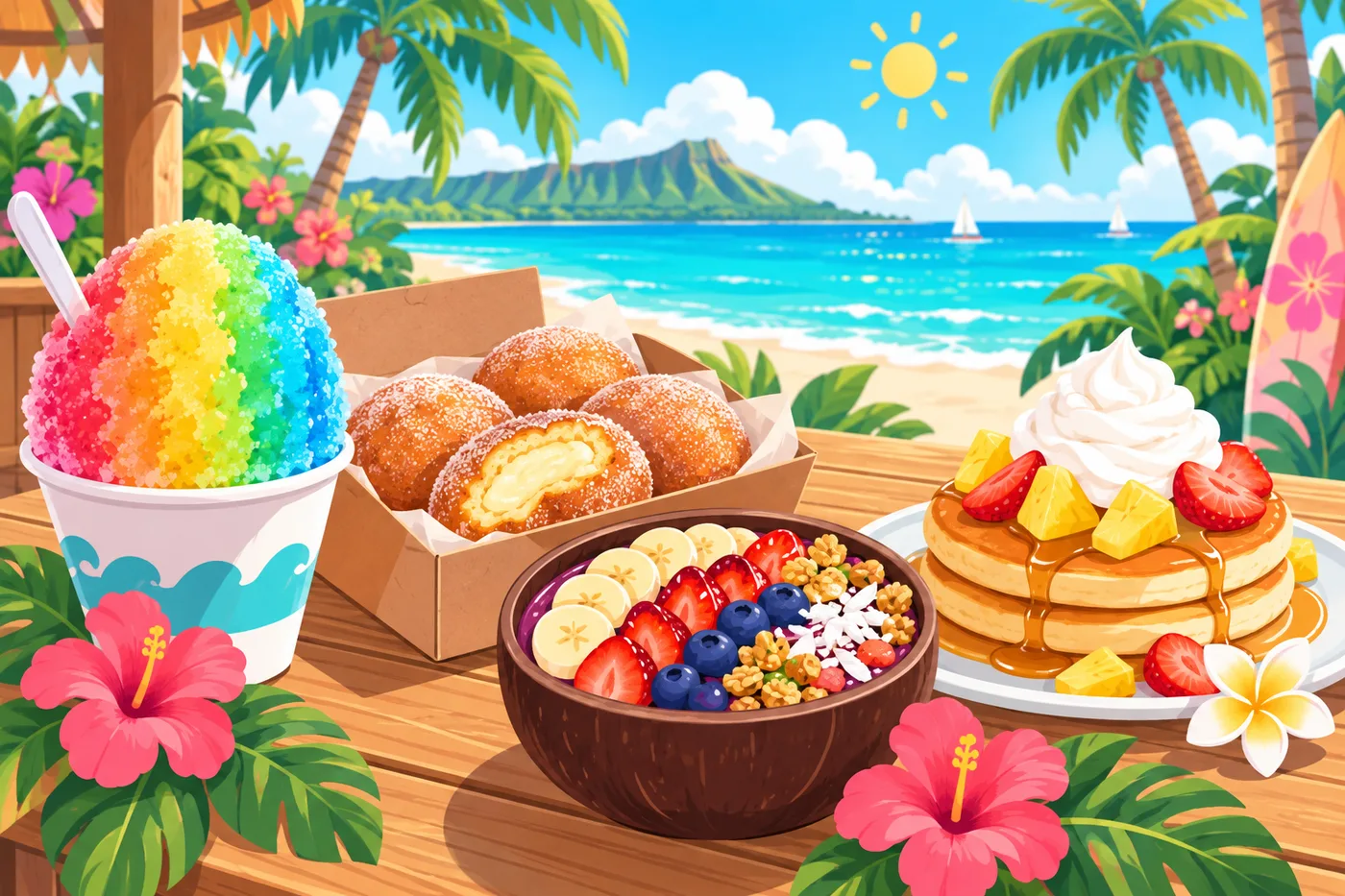 ビーチのテーブルに並んだシェイブアイス、マラサダ、アサイーボウル、パンケーキのイラスト