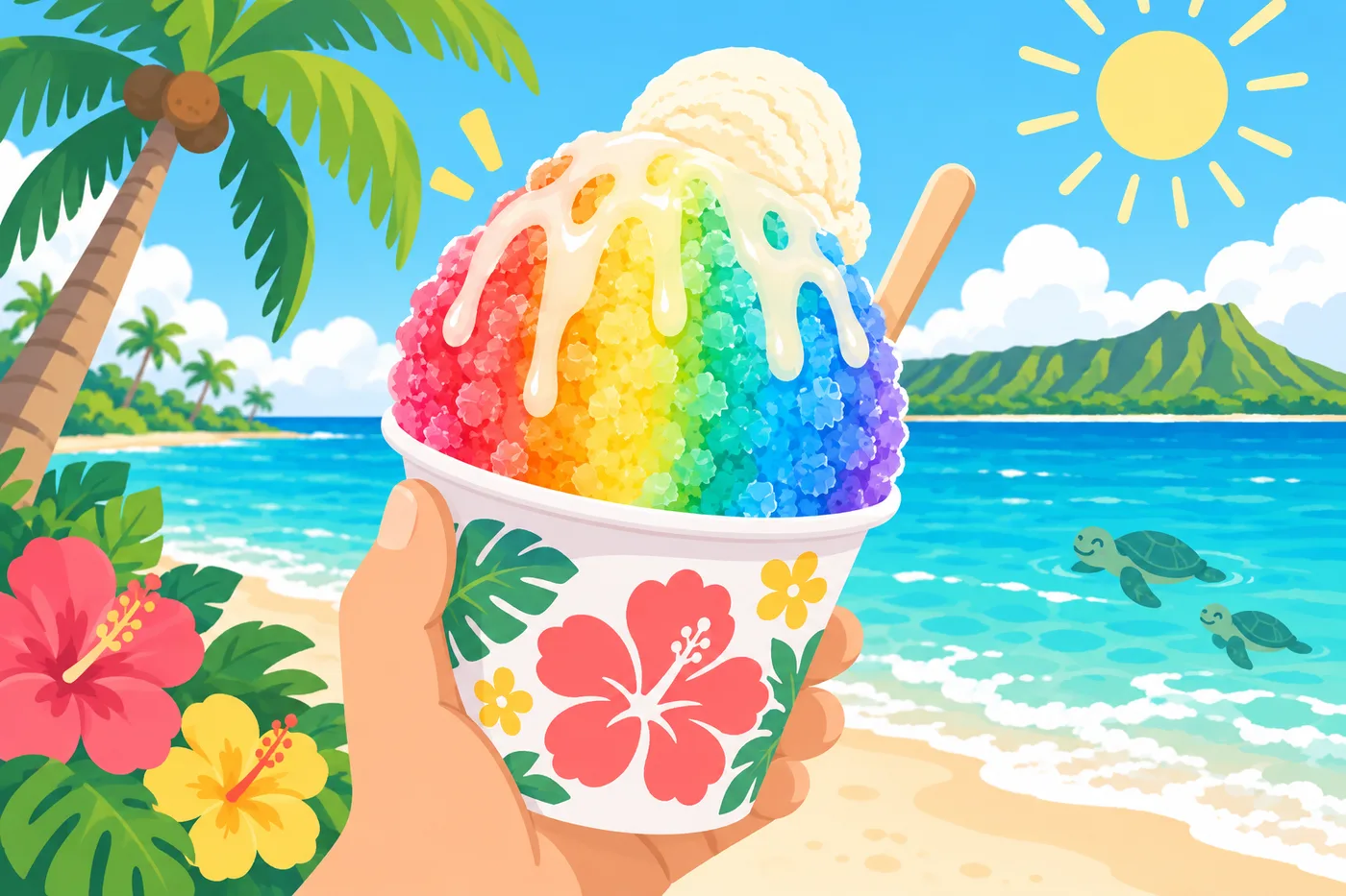 アイスクリーム入りのレインボーカラーのシェイブアイスのイラスト