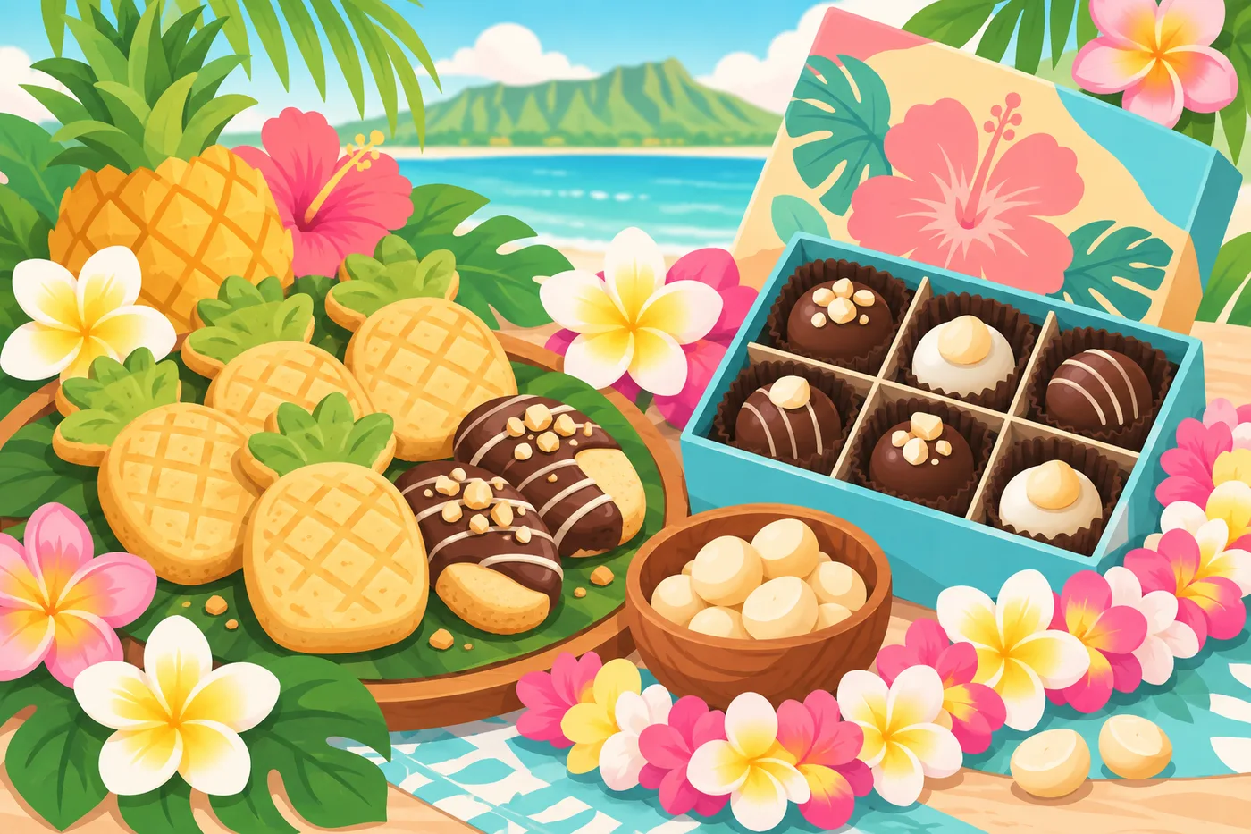 パイナップル形のクッキーやマカダミアナッツチョコなどハワイのお土産スイーツのイラスト