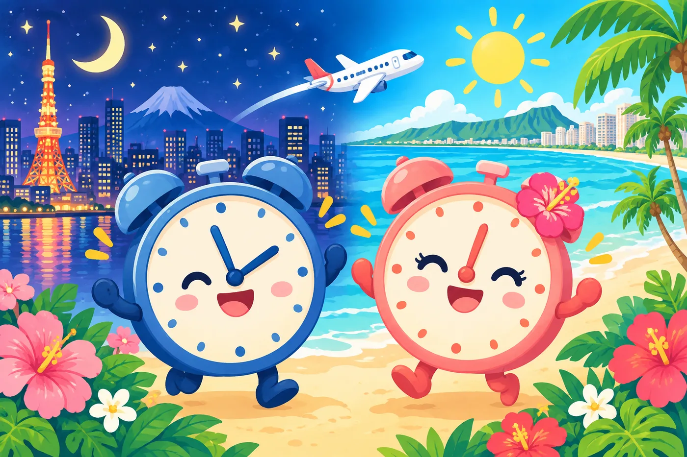東京の夜とワイキキの朝を並べた2つの時計のイラスト