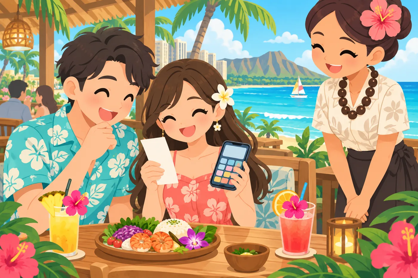 ワイキキのレストランで伝票を見ながらチップを計算するカップルのイラスト