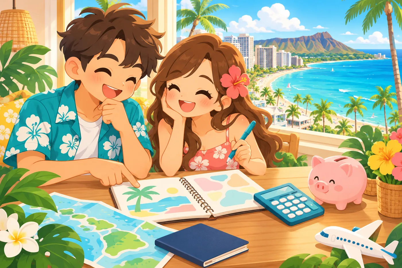 ノートと電卓でハワイ旅行の予算を立てるカップルのイラスト