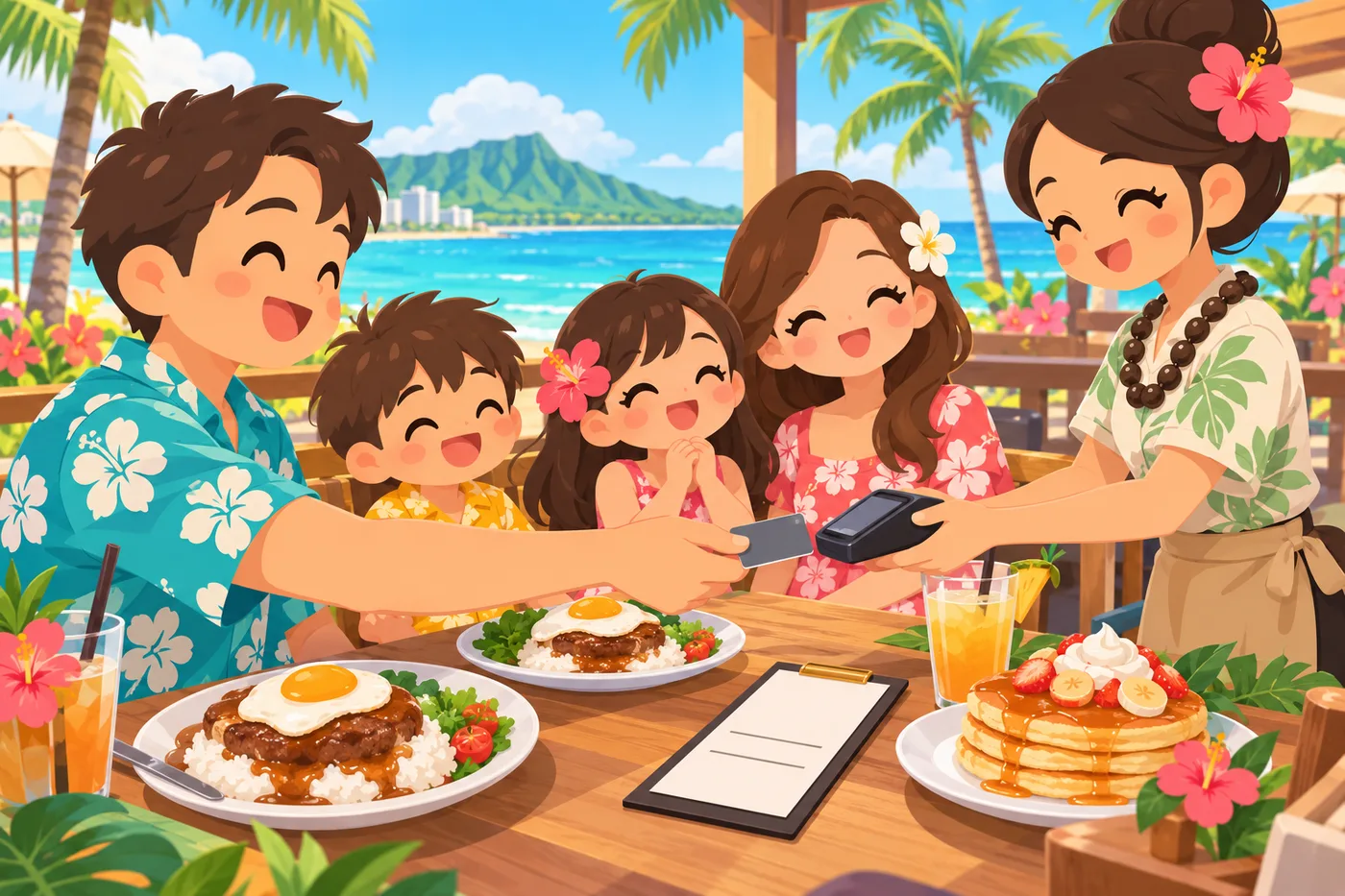 ハワイのカフェで会計をする家族とチップ欄のある伝票のイラスト