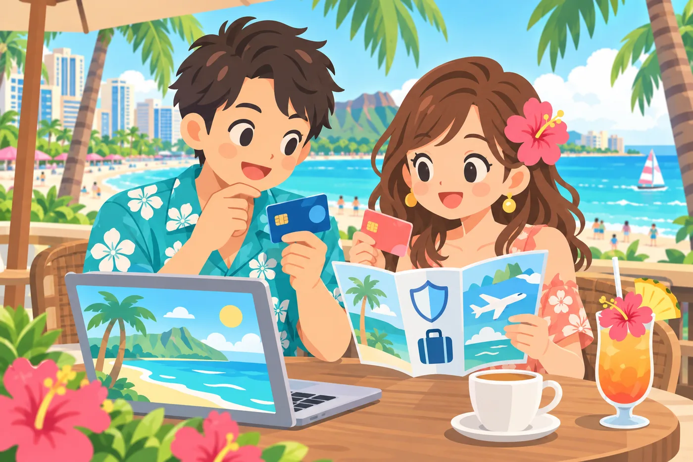 ワイキキのカフェでカードと保険の案内を見比べるカップルのイラスト