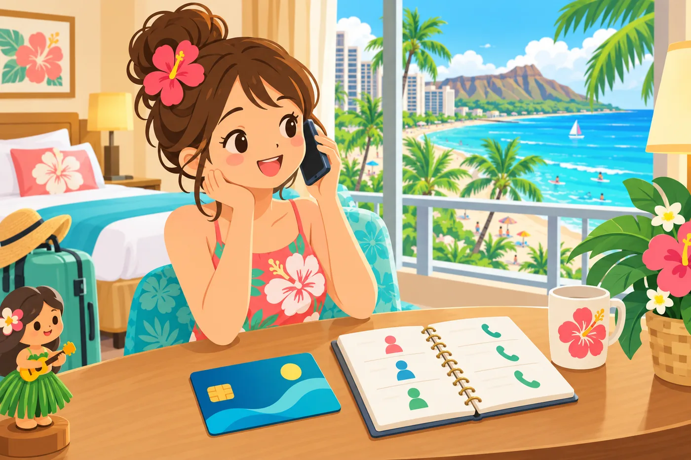 ホテルの部屋で保険のサポート窓口に電話する旅行者のイラスト