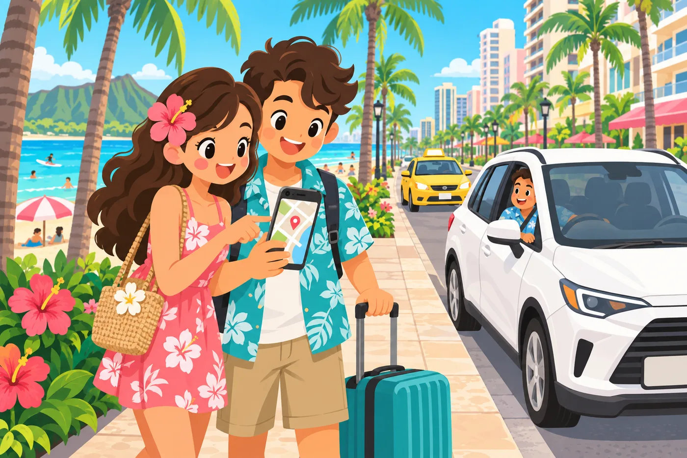 ワイキキの道ばたでスマホの配車アプリを確認する旅行者のイラスト