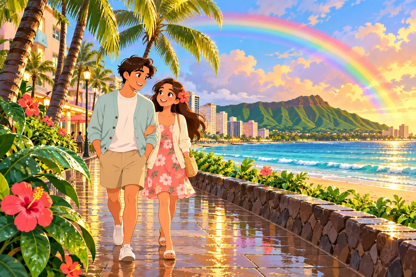 にわか雨のあと、虹の下を羽織りもの姿で歩くカップルのイラスト
