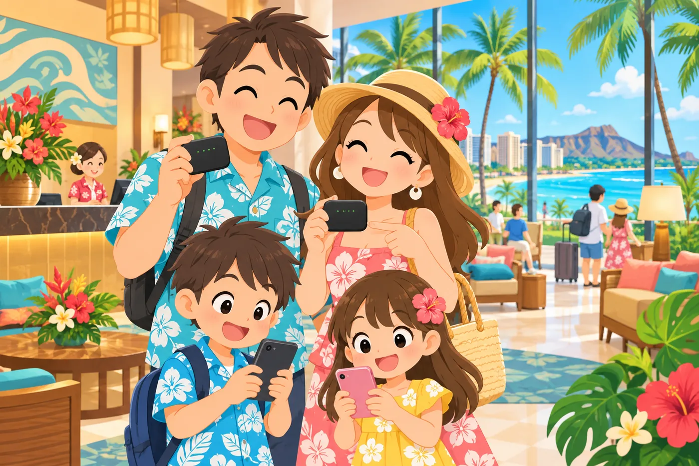 ホテルのロビーでポケットWiFiとスマホを確かめる家族のイラスト