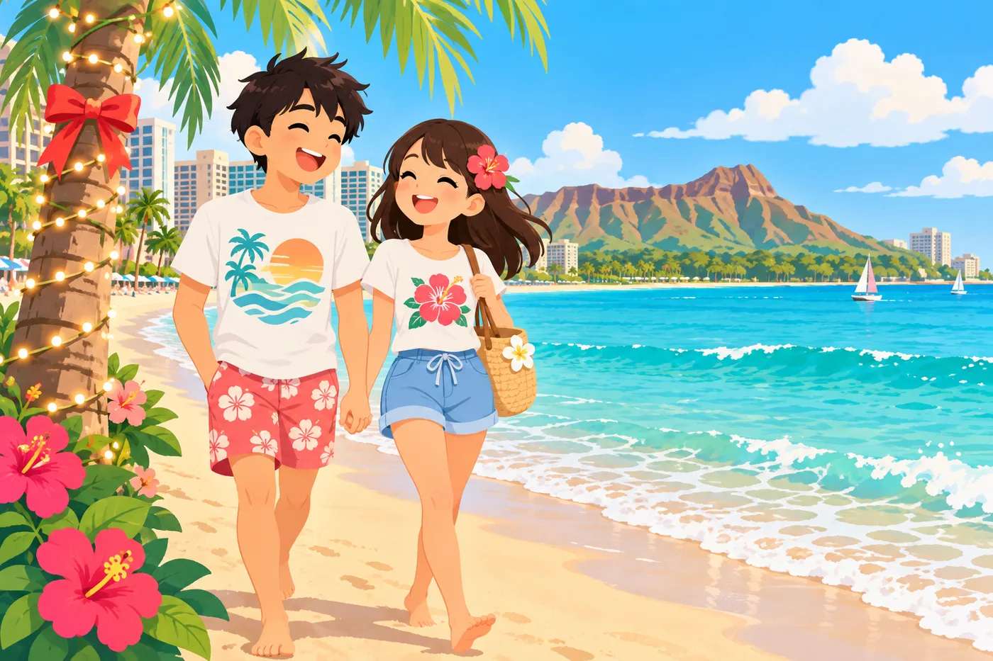 12月のワイキキビーチを半袖で歩くカップルのイラスト