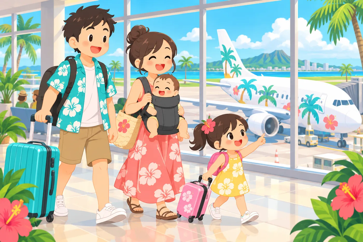 空港で飛行機に向かう赤ちゃん連れの家族のイラスト