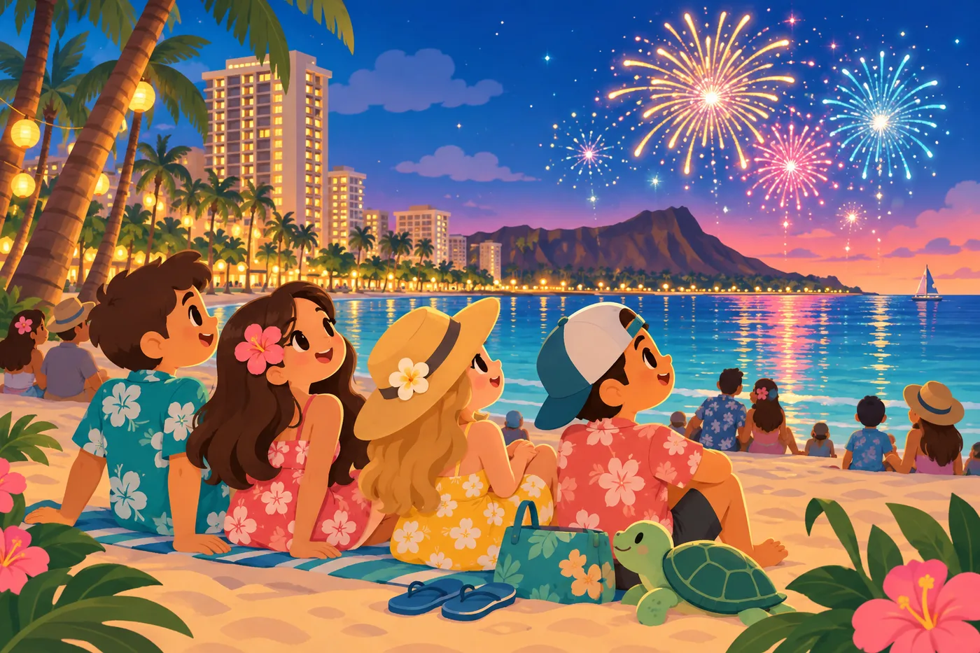 夕暮れのビーチに座って花火を待つ旅行者たちのイラスト