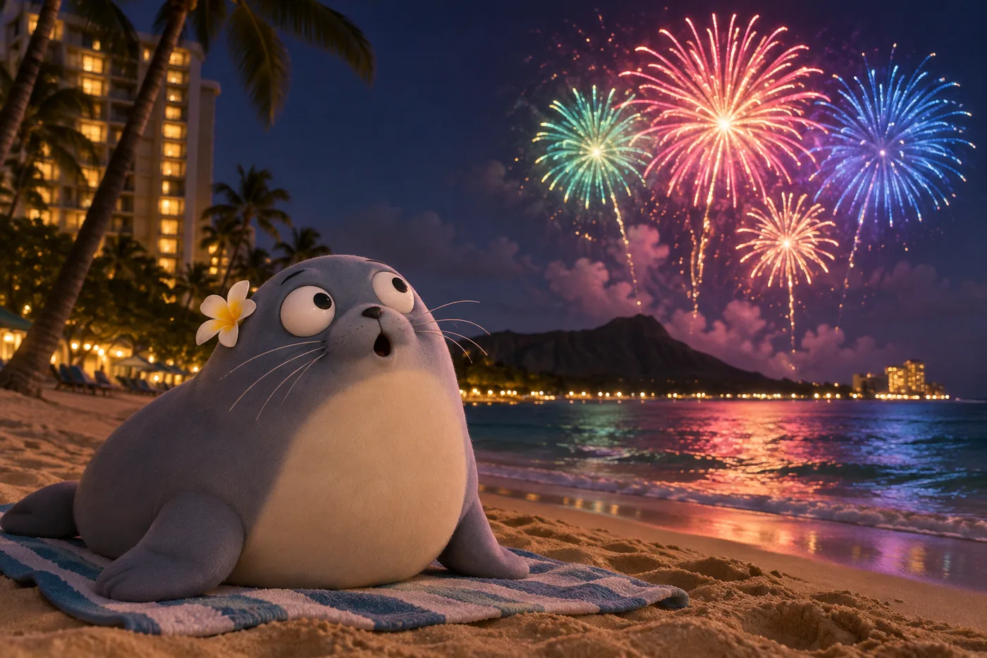 夜の砂浜で花火を見上げるもんちゅ