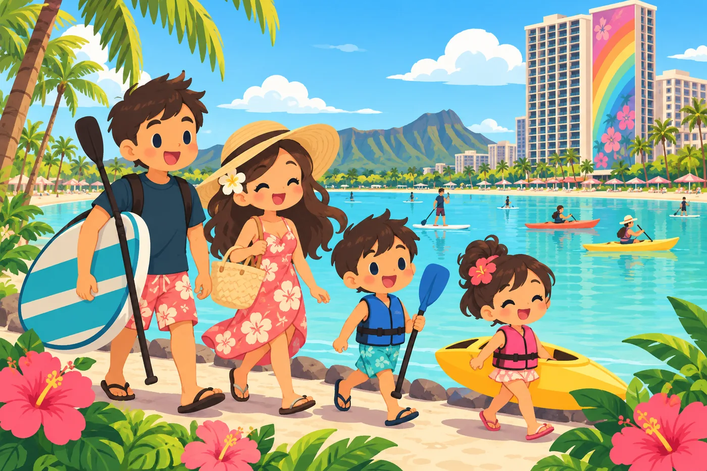 a family walking along a calm saltwater lagoon with paddleboards and kayaks, a tall hotel tower with a rainbow mural on its side, palm trees and blue sky