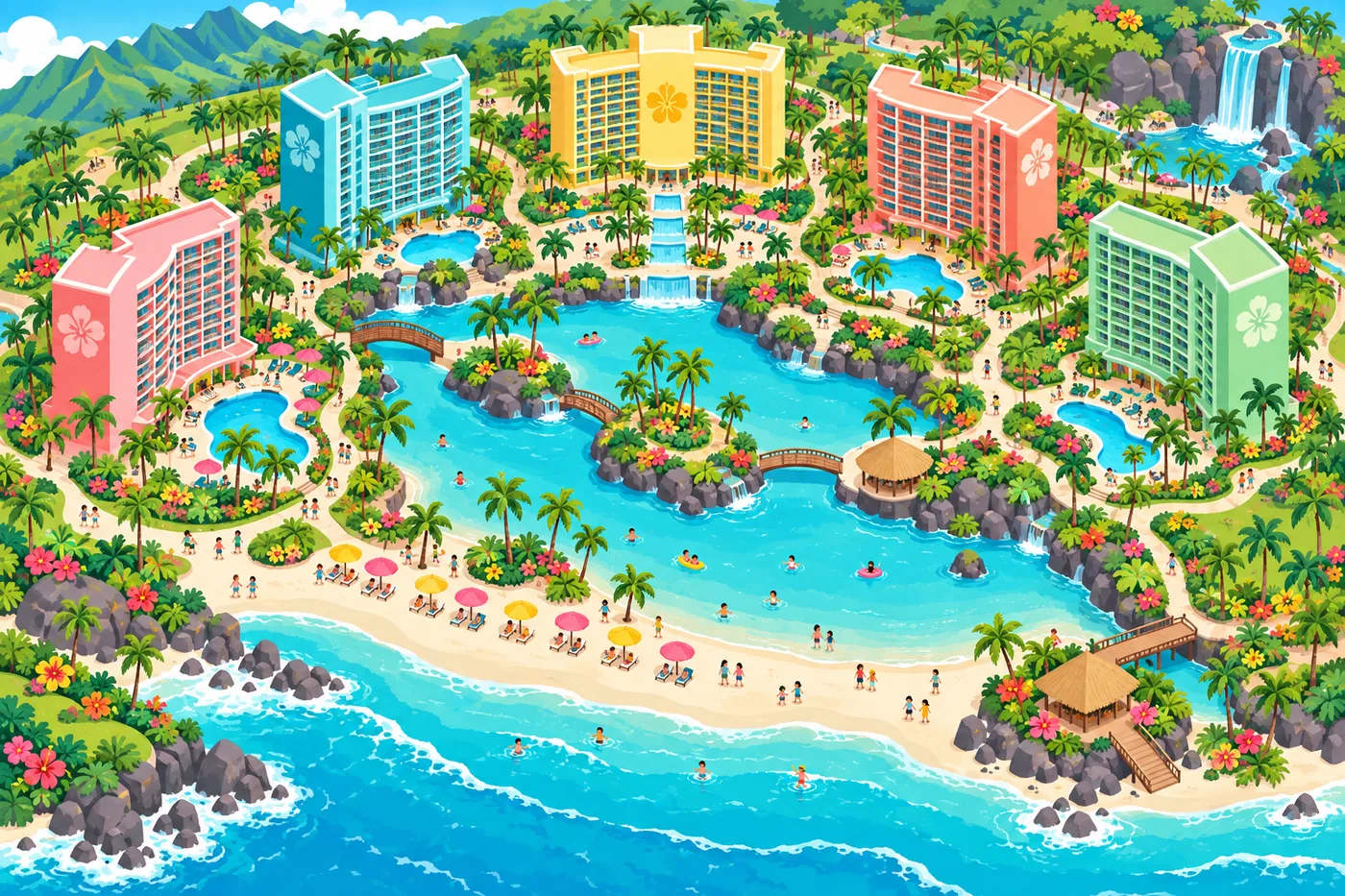 a big resort map scene with five colorful hotel towers around a lagoon, a beach and swimming pools, tiny people walking on garden paths