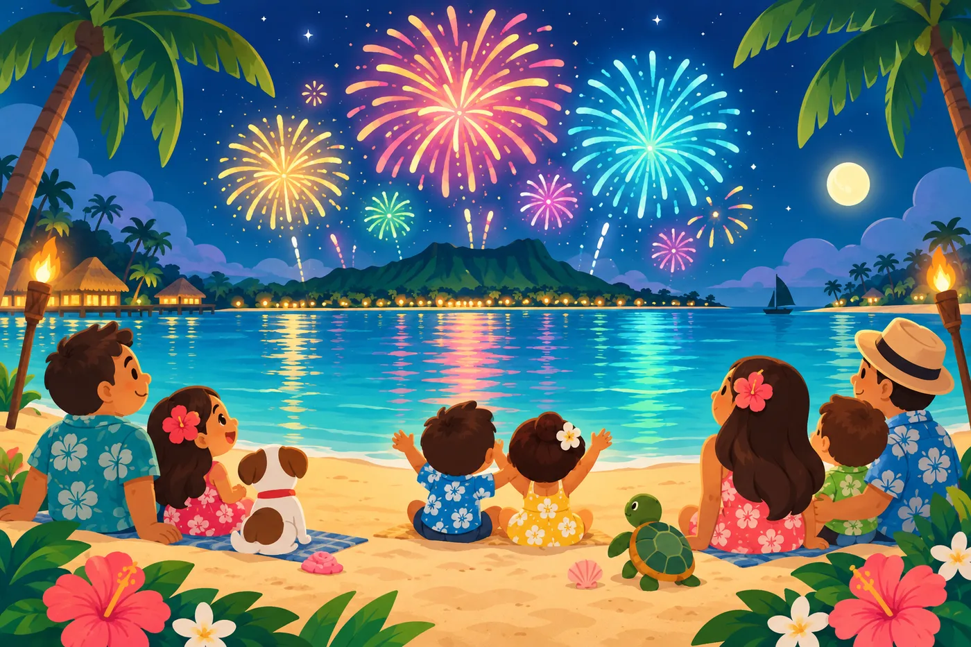 fireworks bursting over a calm beach at night with a lagoon and palm tree silhouettes, families sitting on the sand watching