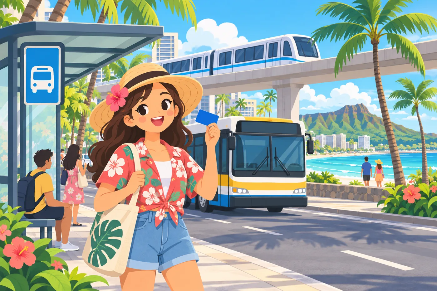 ハワイのバスと鉄道の駅を背景に交通ICカードを持つ旅行者のイラスト