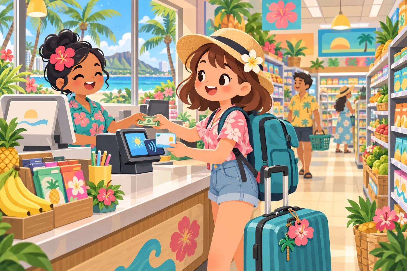 コンビニやスーパーの店頭で交通ICカードにチャージする様子のイラスト