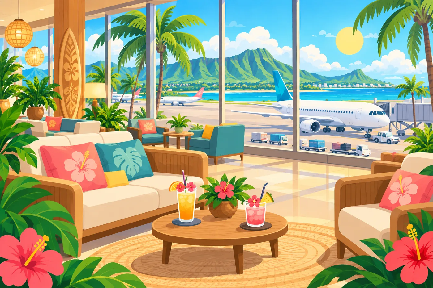 窓から飛行機が見える空港ラウンジのイラスト