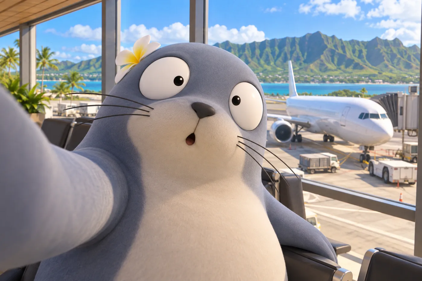 出発ゲートの窓ぎわで飛行機と自撮りするもんちゅ