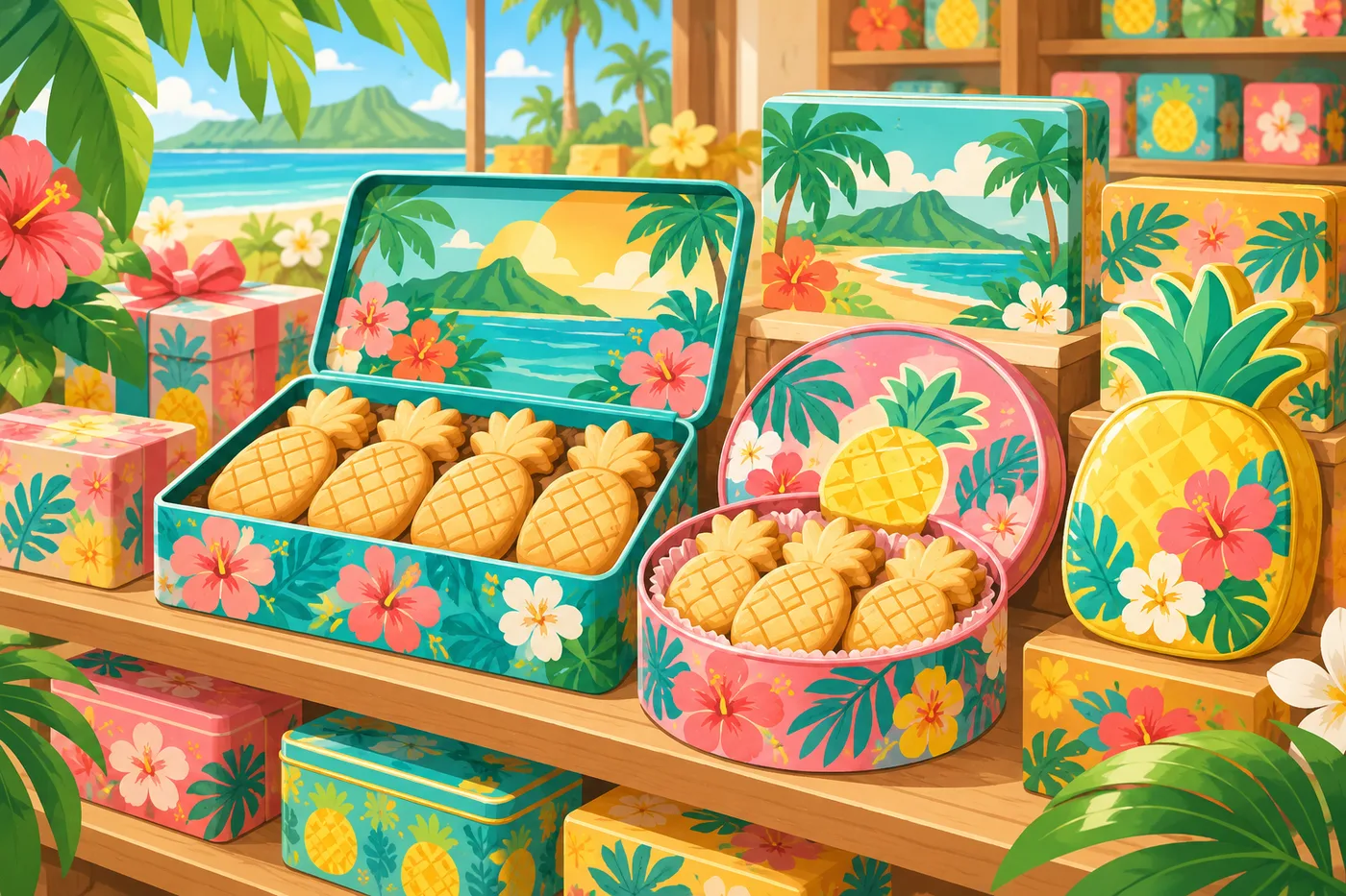 パイナップル形のクッキーの缶や箱が並ぶお店のイラスト