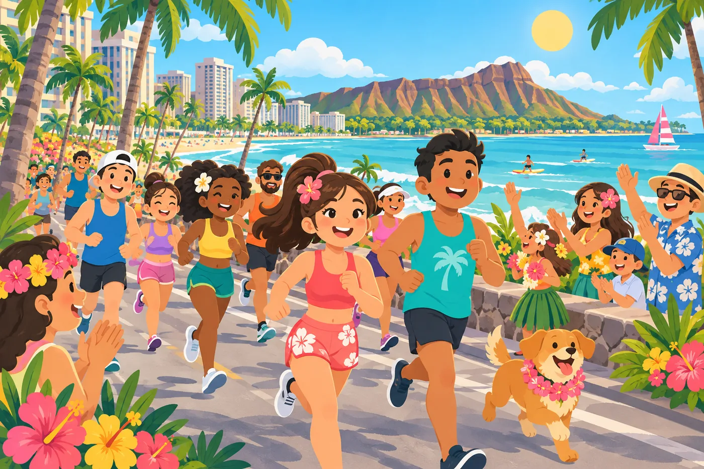 ワイキキの海沿いを走るランナーと応援する人たちのイラスト