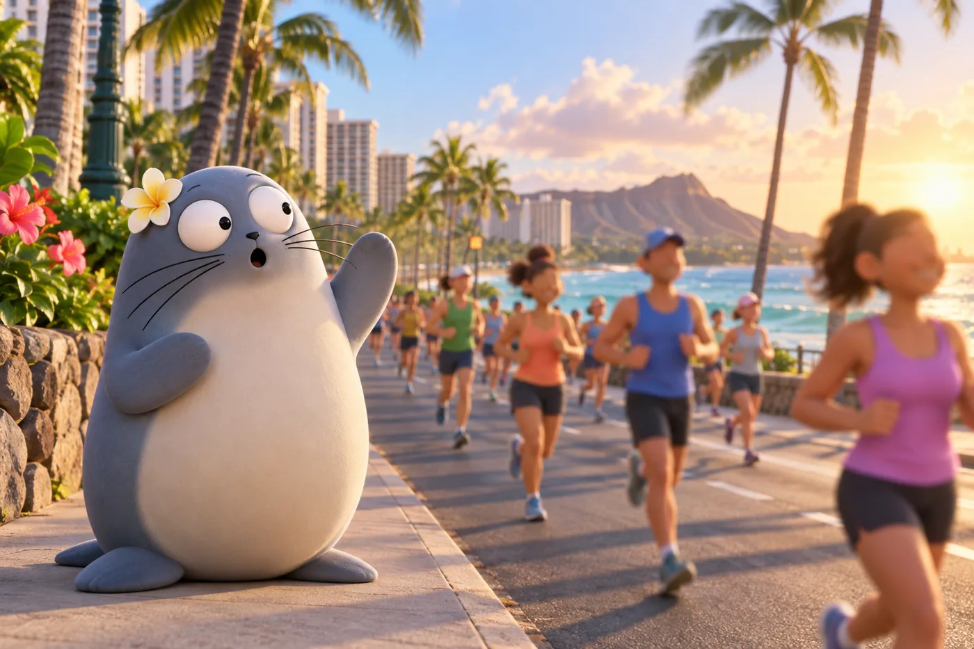 沿道でマラソンのランナーを応援するもんちゅ