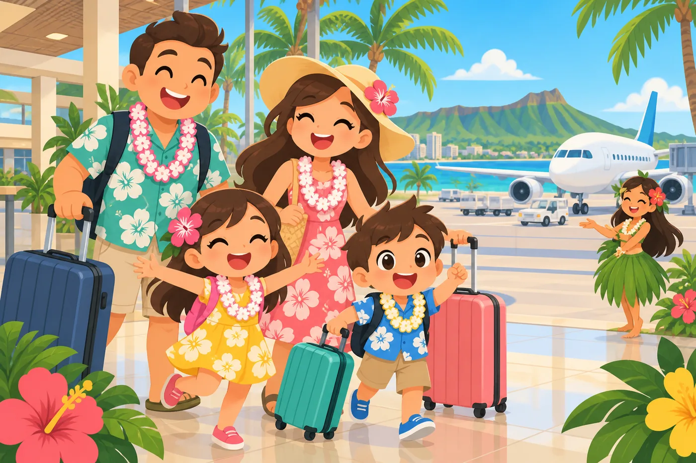a family with suitcases smiling at Honolulu airport, palm trees and a plane in the background, cute Hawaiian pop illustration