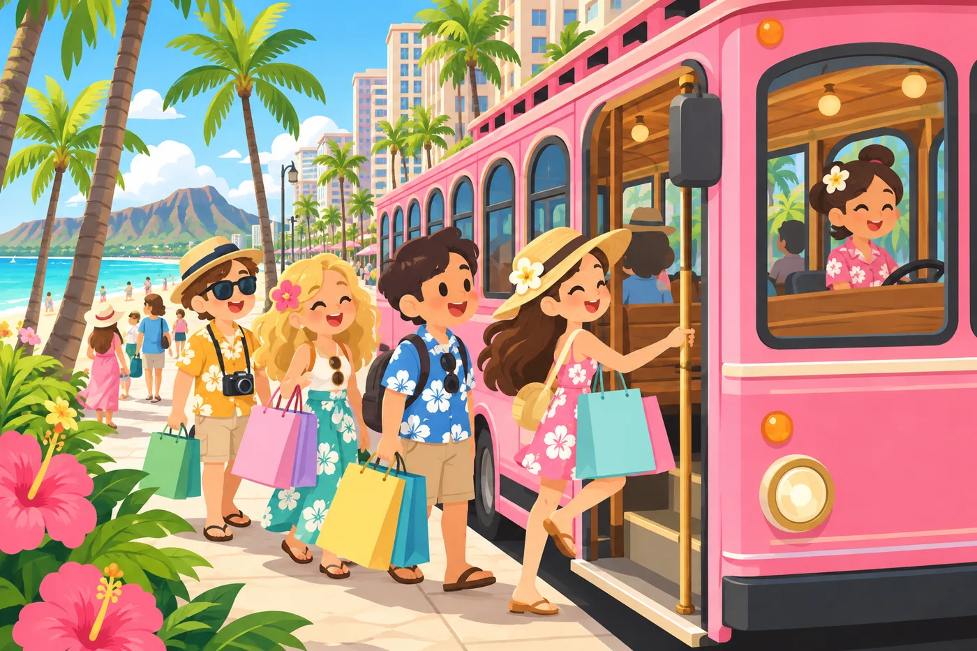 tourists boarding a pink-colored trolley bus in Waikiki with shopping bags, sunny street with palm trees, cute flat illustration