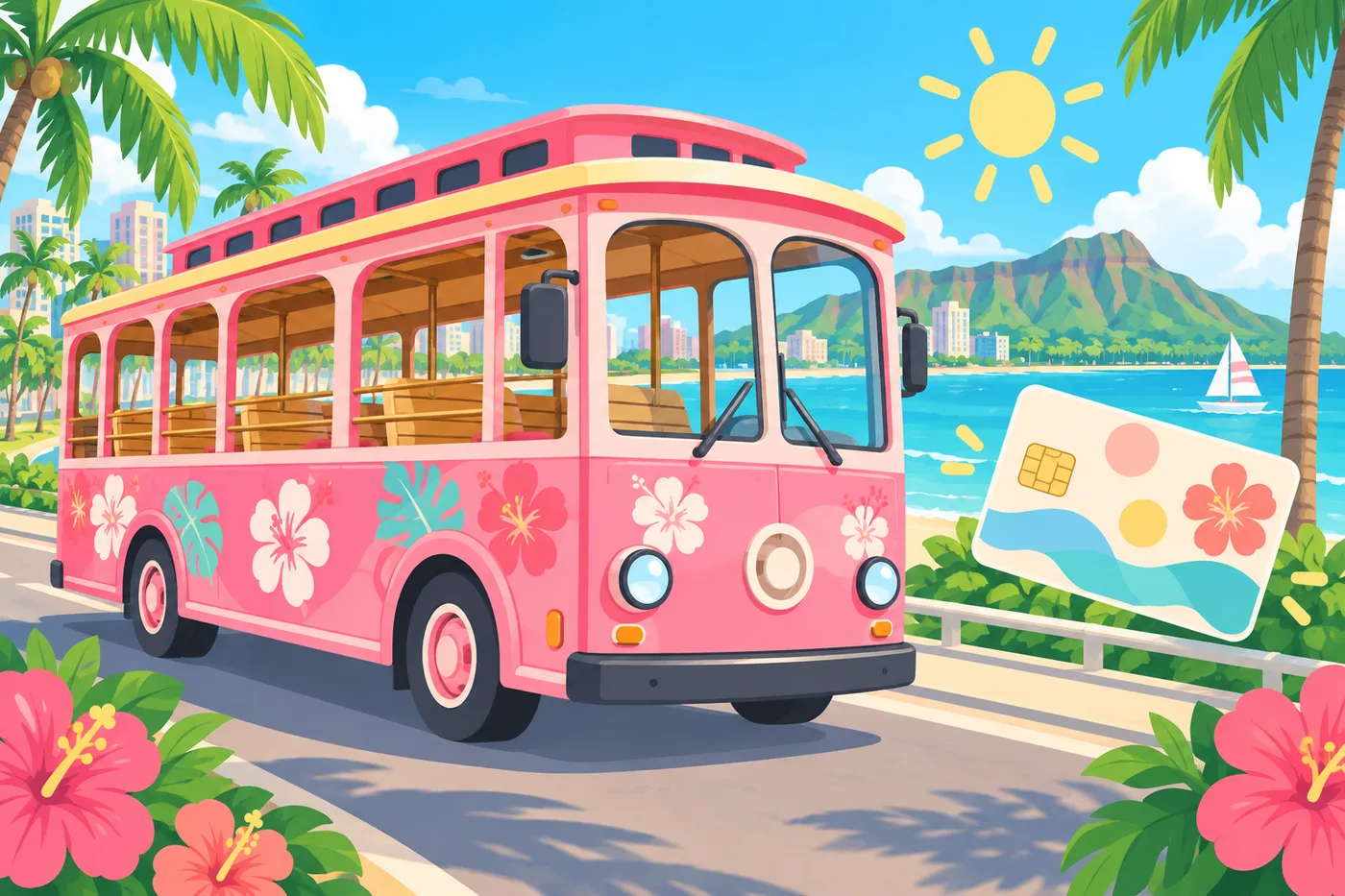 A cheerful pink Waikiki trolley bus with open windows, palm trees and a JCB-style credit card icon nearby, flat pop illustration style