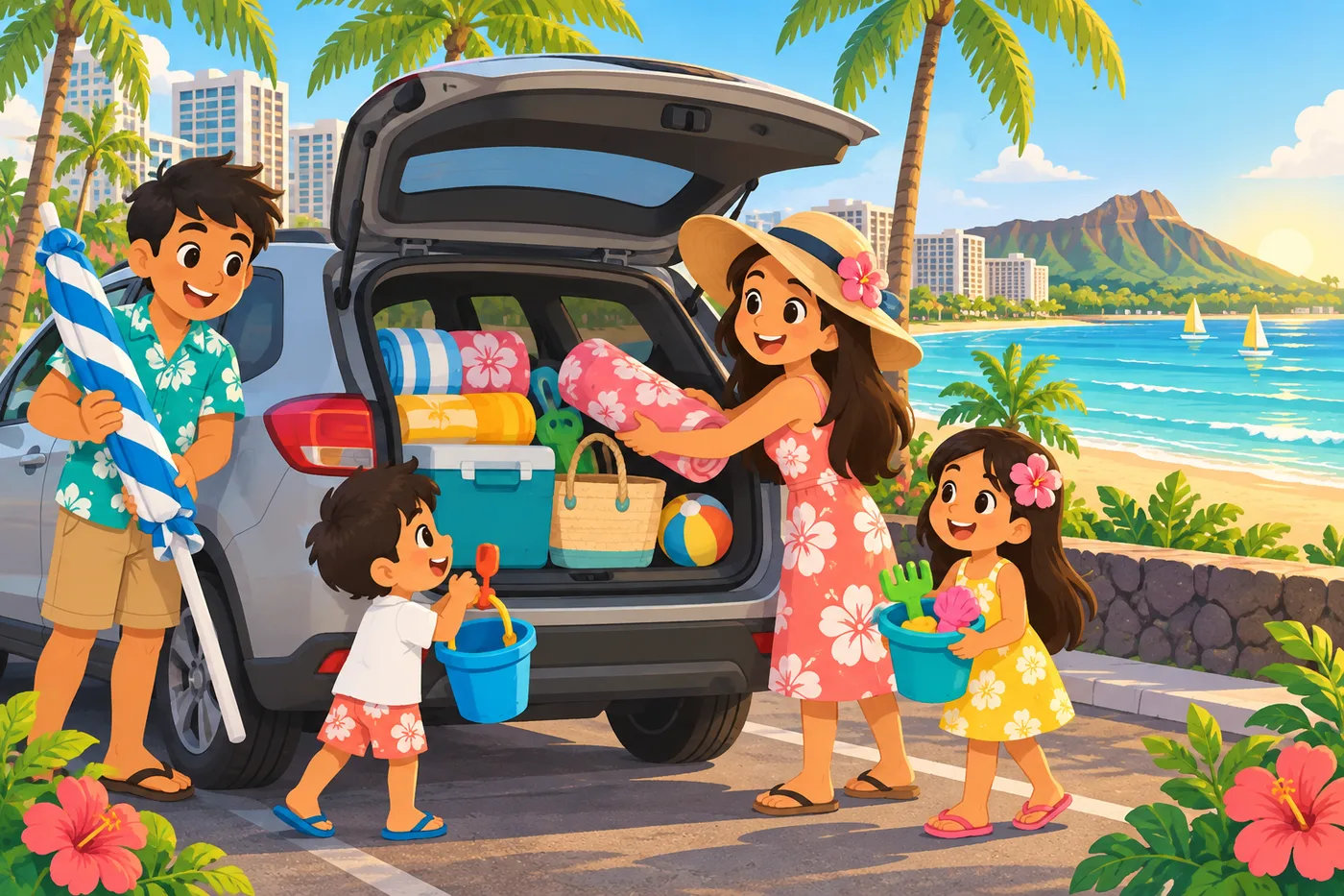 A family loading beach gear into a rental car in Waikiki in the early morning, cheerful pop illustration style