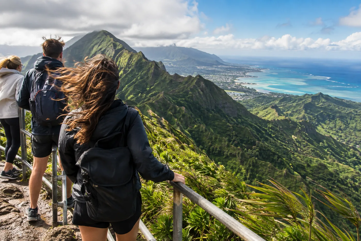 A scenic mountain ridge lookout in Oahu with strong wind, ocean and coastline view in the distance, tourists holding onto railings, realistic travel photo style