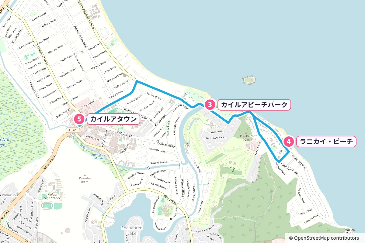 カイルアビーチパーク(駐車場)→ラニカイ・ビーチ→カイルアタウンのルート地図