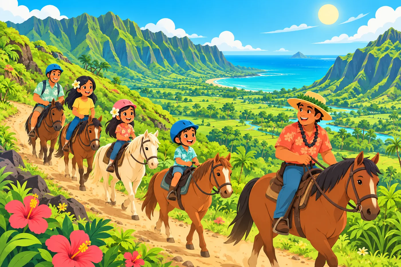 緑の渓谷を乗馬ツアーで進む家族のイラスト