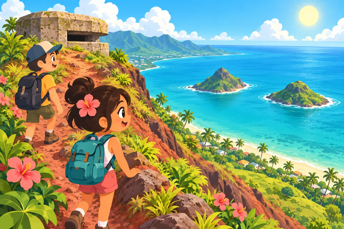 hikers on a narrow red-dirt ridge trail looking down at a turquoise bay with two small islands, a concrete world-war-era bunker on the ridge, morning light, bright tropical illustration