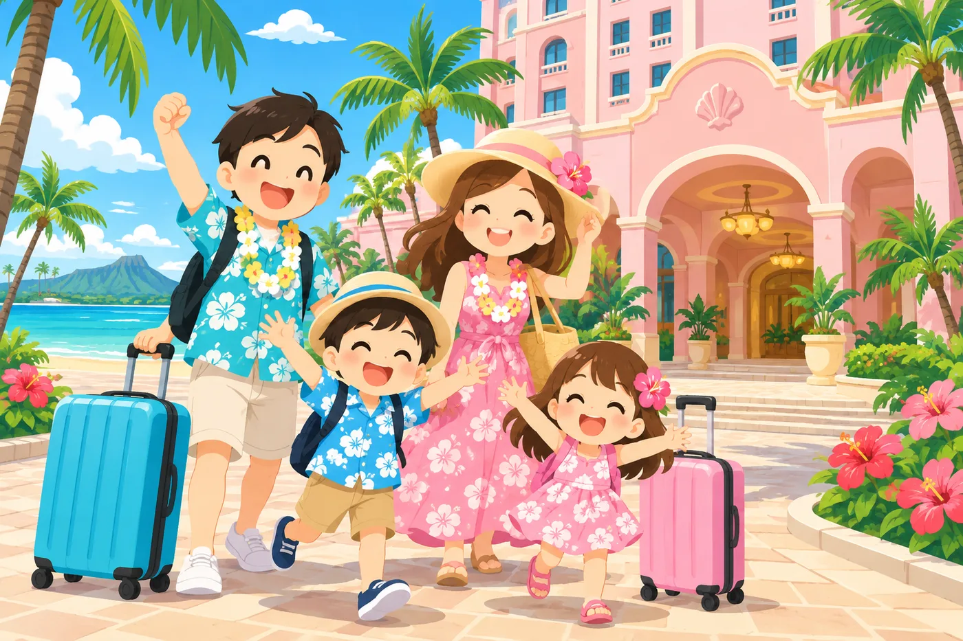 a cheerful Japanese family with suitcases looking excited outside a pink Hawaiian hotel entrance, palm trees and blue sky, cute pop illustration