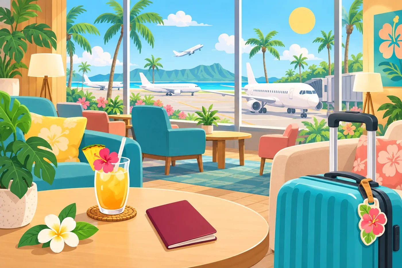 a relaxing airport lounge scene with a view of airplanes and palm trees through the window, a suitcase and passport on the table, cute pop illustration