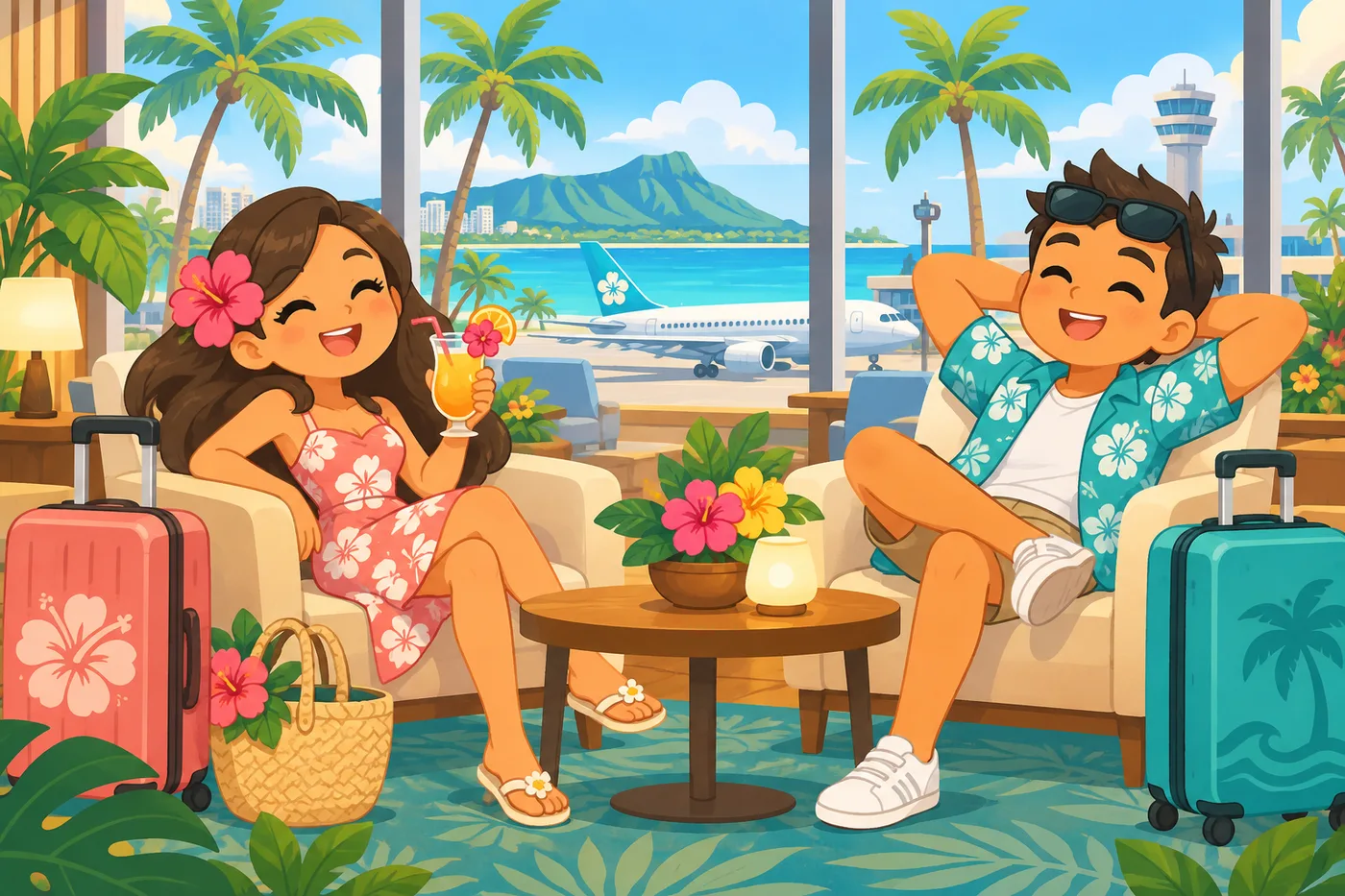 a happy couple with suitcases relaxing in a comfortable airport lounge, palm trees and a plane visible through the window, warm tropical color palette, cute pop illustration style
