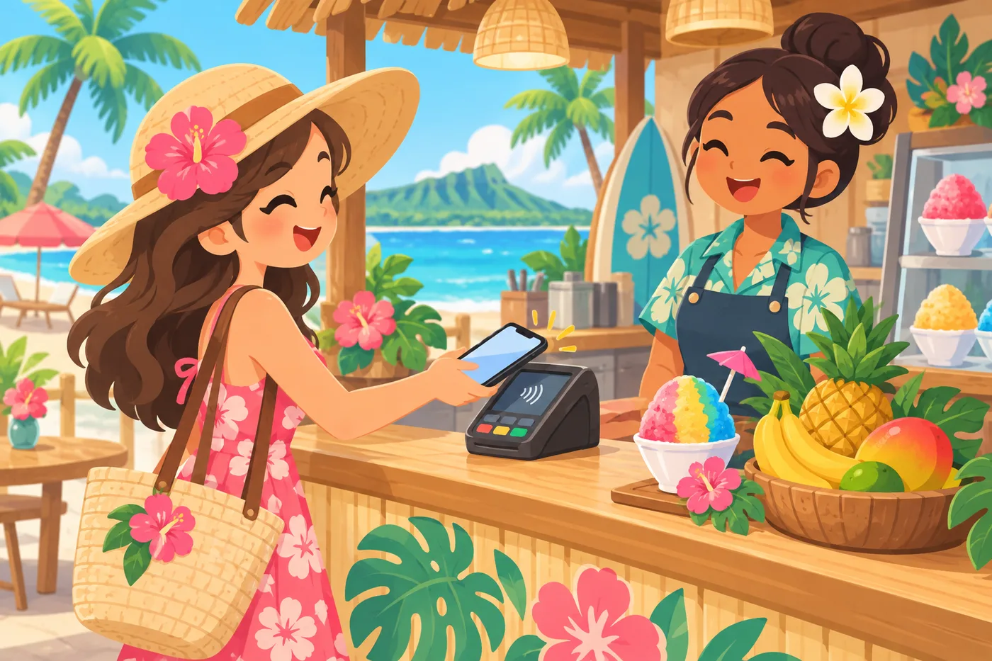 a traveler tapping a smartphone for contactless payment at a cute Hawaiian-style cafe counter, tropical fruit and shave ice visible, cheerful pop illustration style