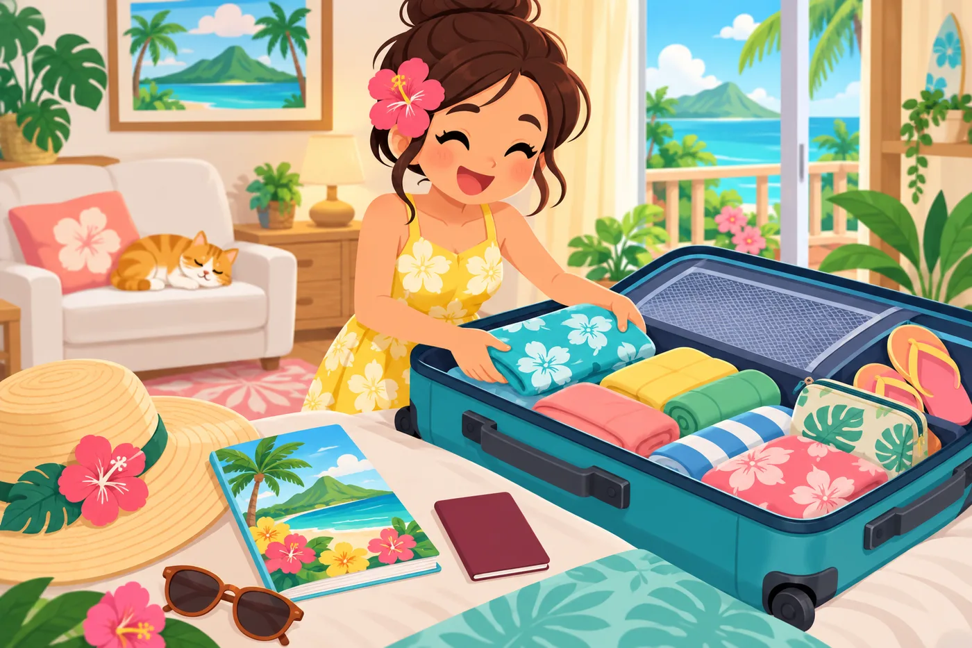 a person packing a suitcase at home with a Hawaii travel guidebook, sunhat, and passport on the table, cheerful and organized mood, pop illustration style