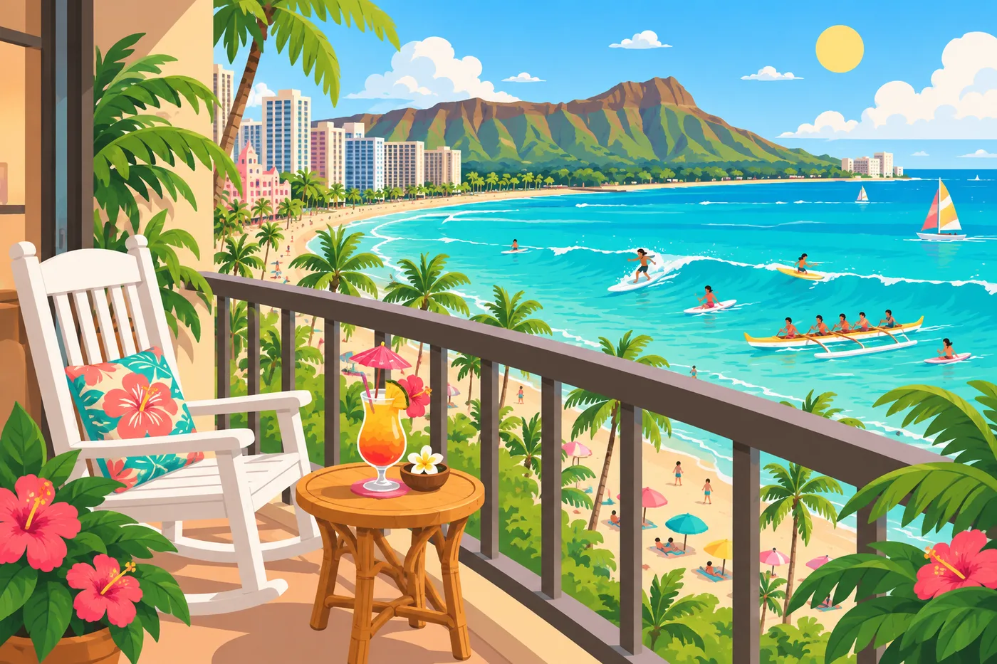a cozy hotel room balcony overlooking turquoise Waikiki Beach with surfers and outrigger canoes, a white rocking chair and a tropical drink on a small table, Diamond Head in the distance