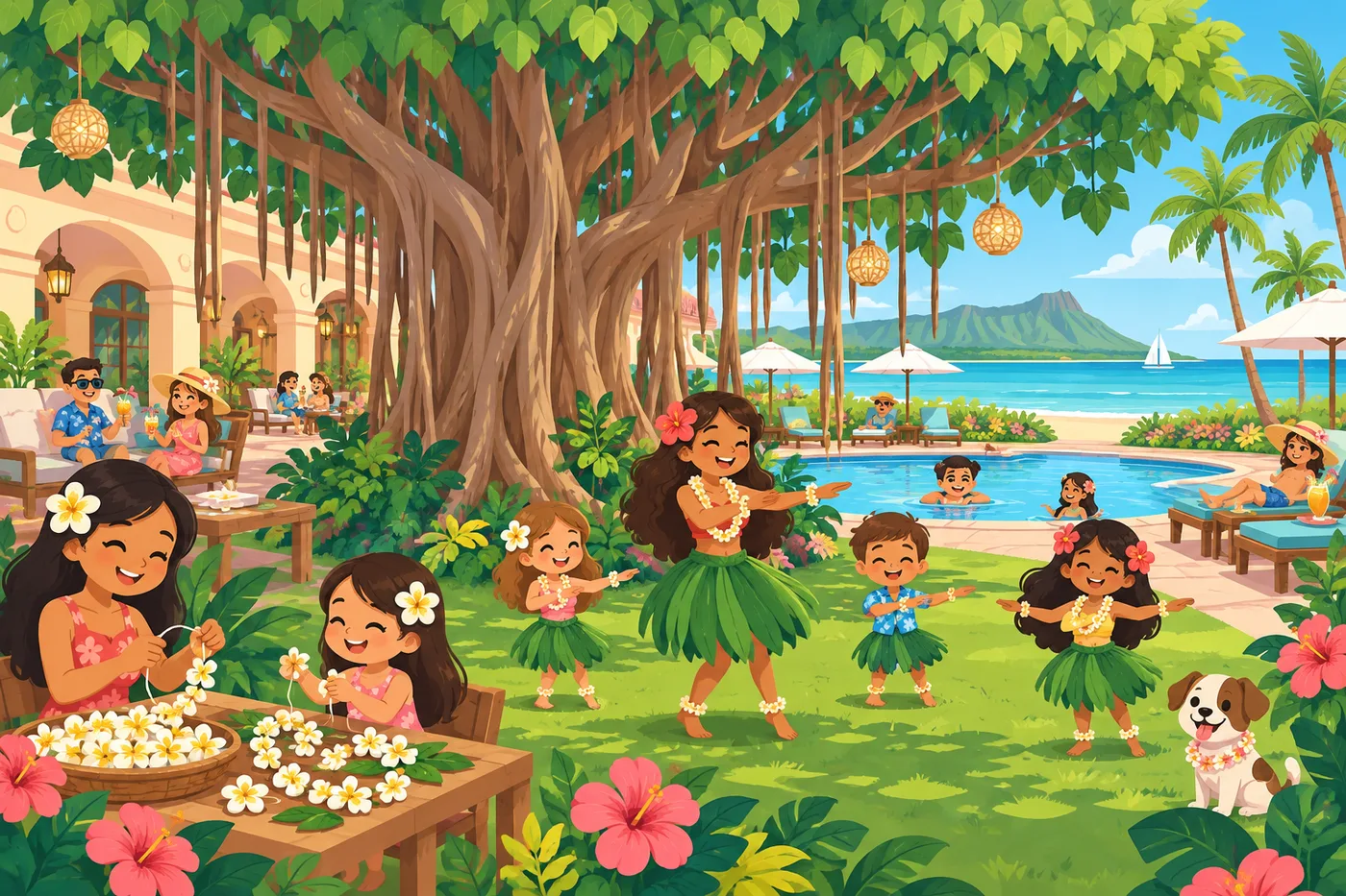 a giant banyan tree shading a hotel courtyard next to a pool and the beach, lounge chairs, hula lesson on the lawn, lei making table with plumeria flowers