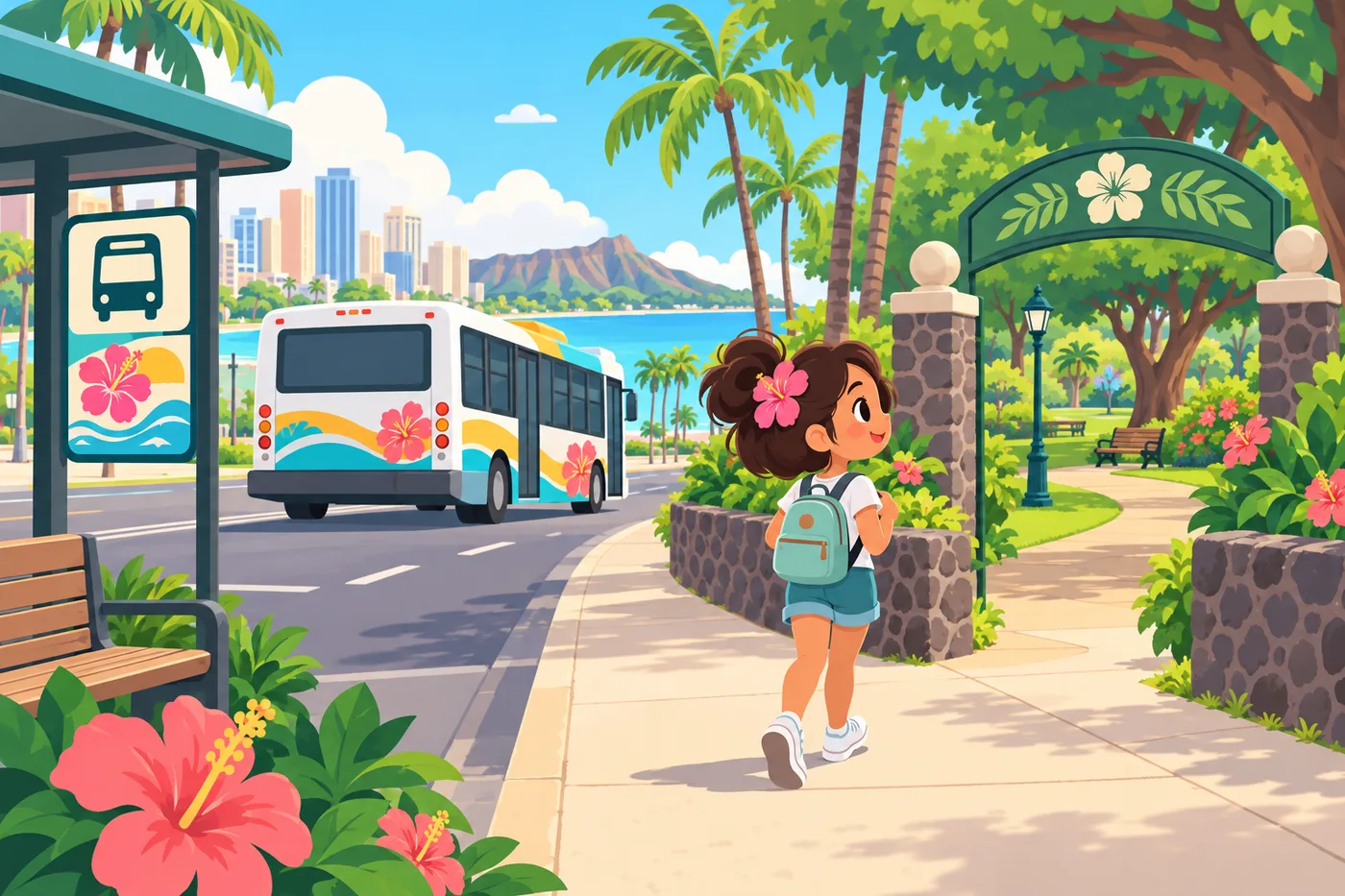 バスを降りて公園の入口へ歩く旅行者のイラスト
