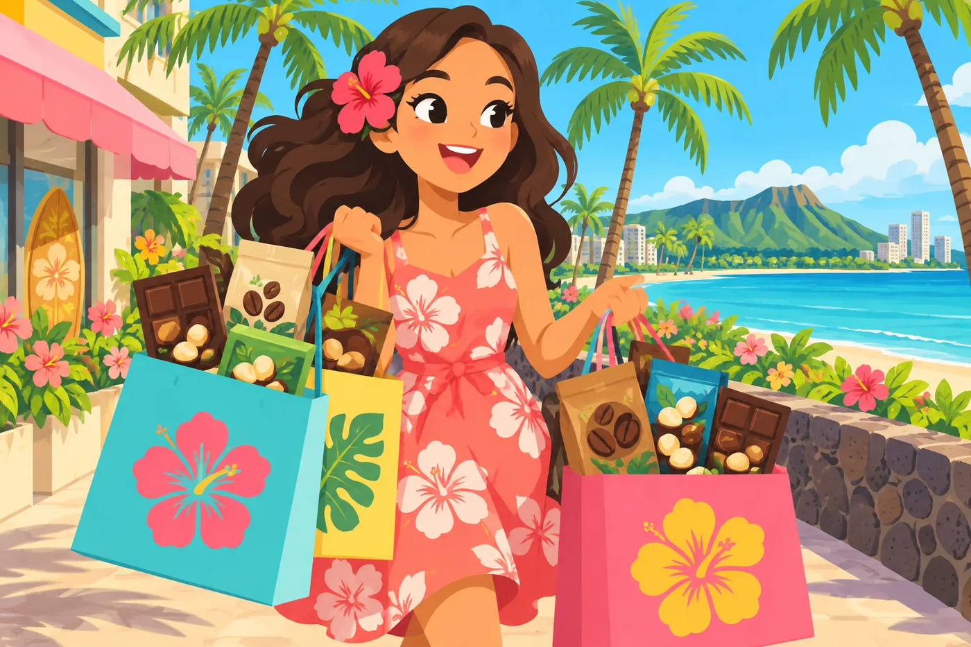 Flat pop-art illustration of a cheerful woman walking along a sunny Hawaii street carrying several colorful shopping bags filled with macadamia nut chocolate boxes and coffee bags, palm trees and blue sky in the background, playful tropical color palette