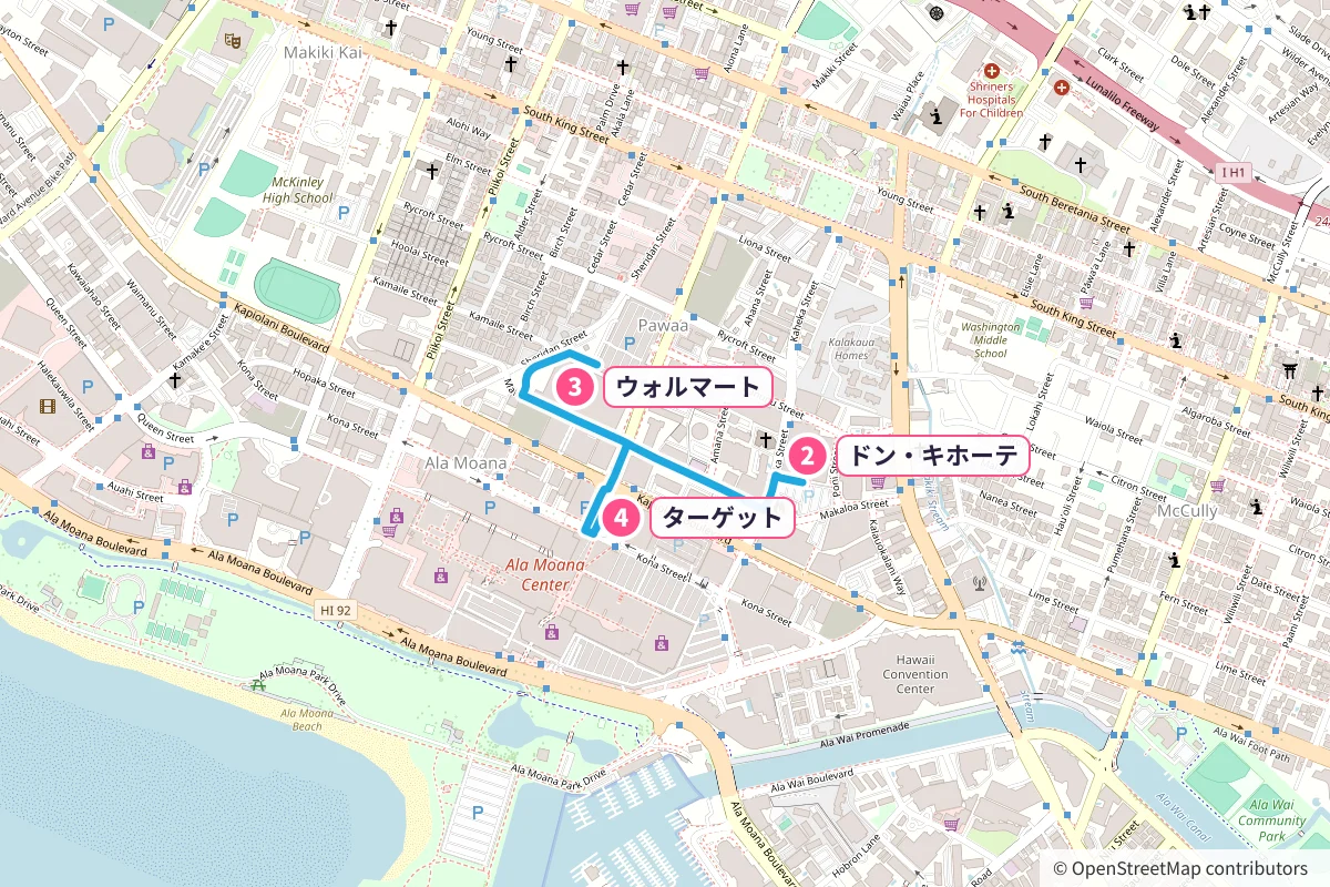 ドン・キホーテ(カヘカ店)→ウォルマート(ケエアウモク通り)→ターゲット(アラモアナセンター)のルート地図