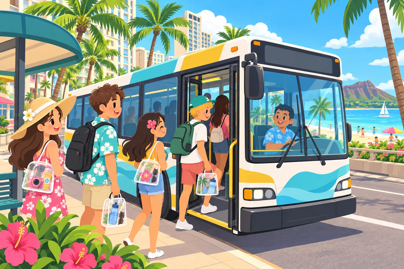 ワイキキの停留所で朝のバスに乗り込む旅行者たちのイラスト